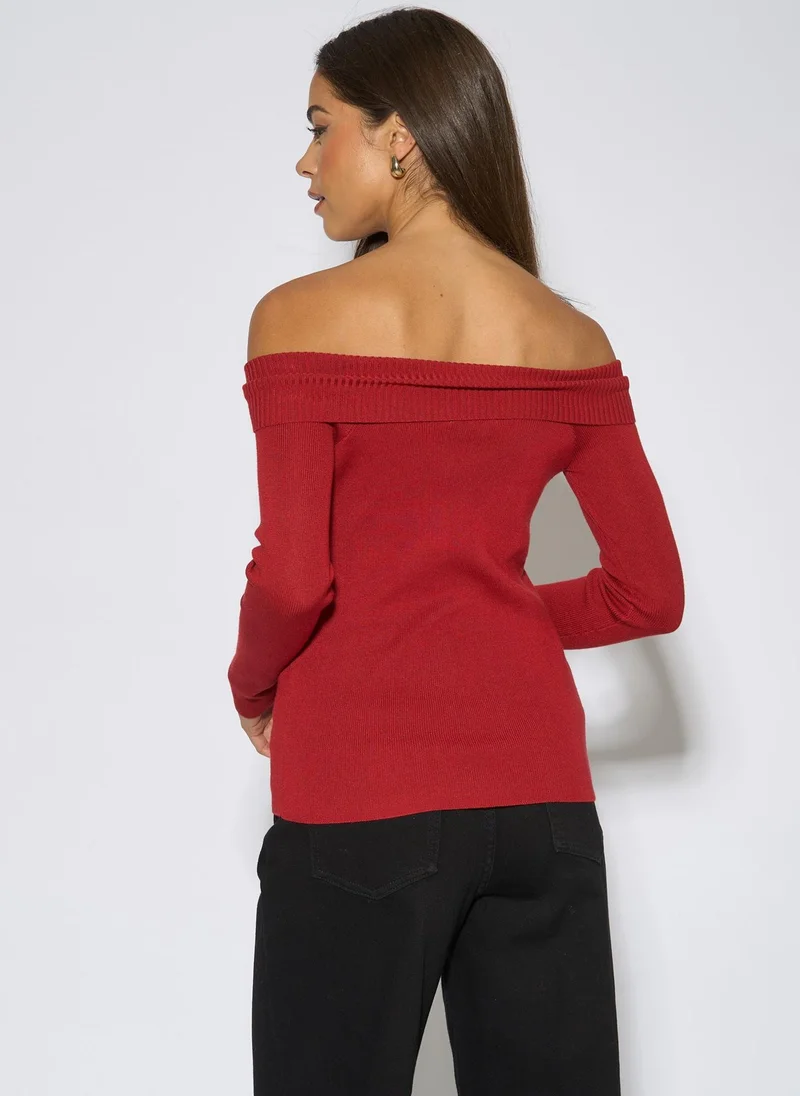 Gini London Red Bardot Gold Button Detail Top