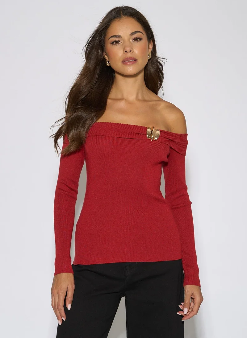 Gini London Red Bardot Gold Button Detail Top