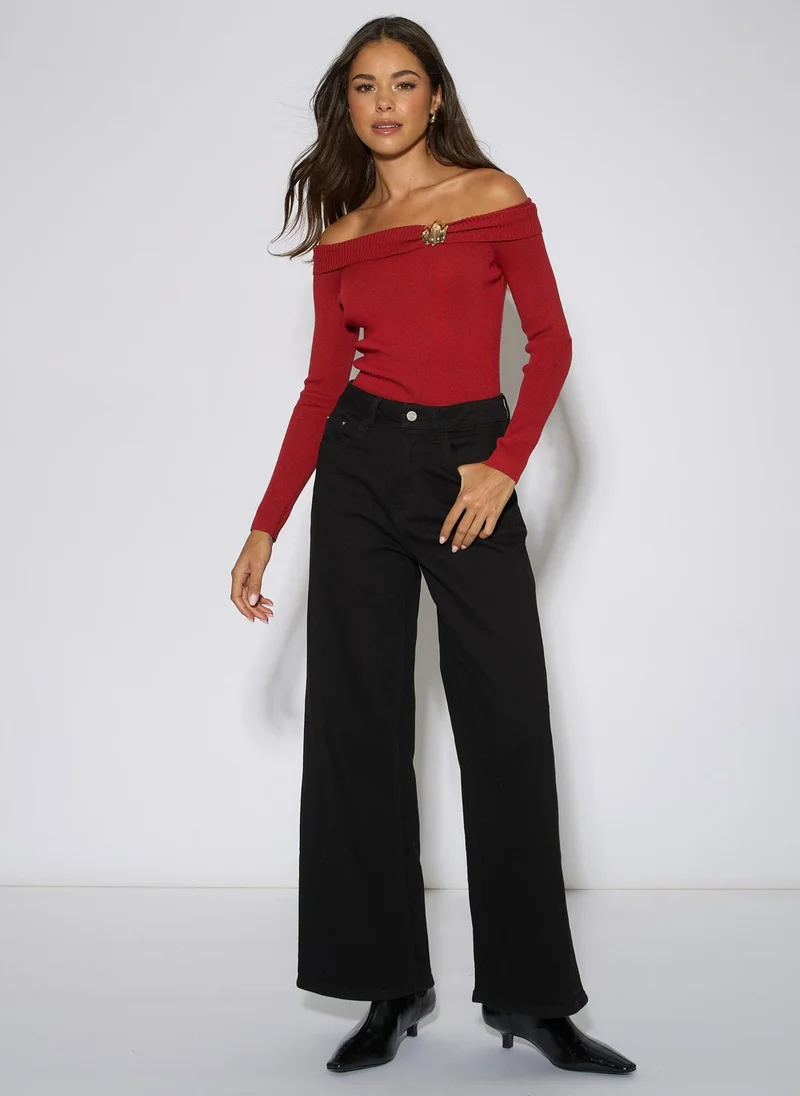 Gini London  Red Bardot Gold Button Detail Top for Women | Best Price UAE