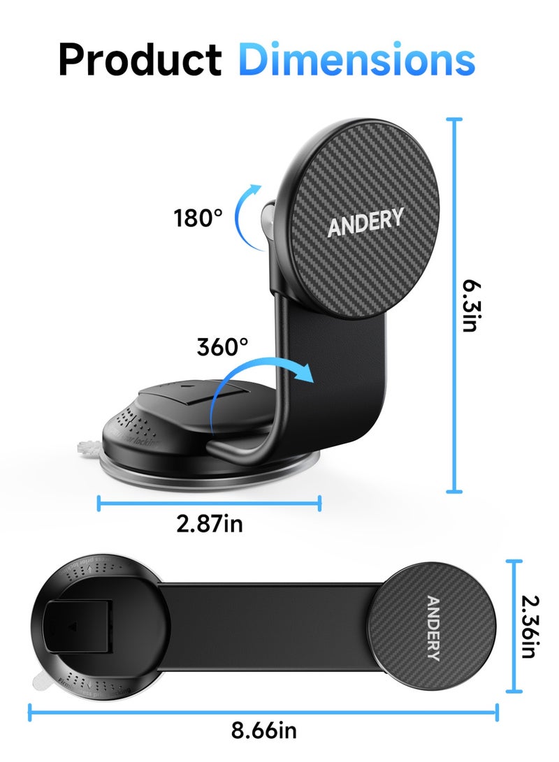 ANDERY Car Phone Holder for MagSafe, 360° Adjustable Memory Alloy Arm Bendable Car Mount, 2400gf Strongest Magnetic Power Car Mount, Phone Holders for Your Car for iPhone and All Smartphones, Carbon Fiber - Image 3
