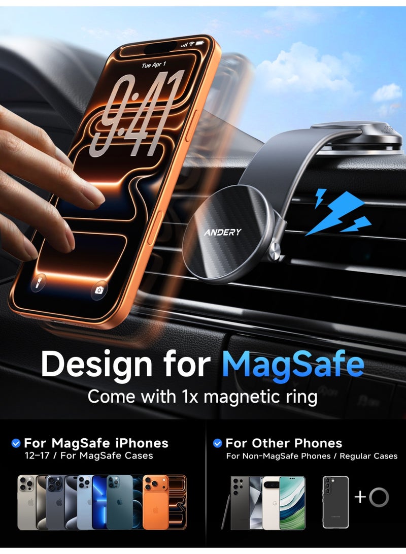 ANDERY Car Phone Holder for MagSafe, 360° Adjustable Memory Alloy Arm Bendable Car Mount, 2400gf Strongest Magnetic Power Car Mount, Phone Holders for Your Car for iPhone and All Smartphones, Carbon Fiber - Image 4