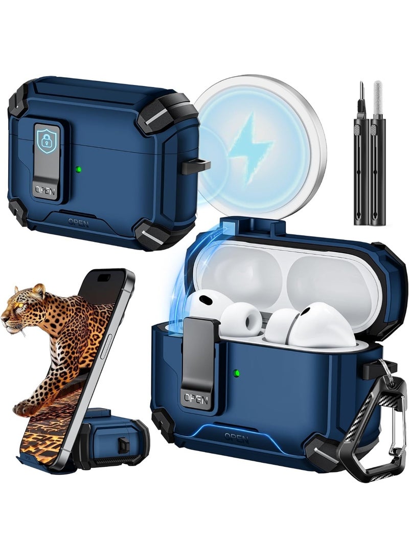HaDoii for AirPods Pro 3 Case (2025) with Phone Stand & Cleaning Kit,Compatible with Magsafe,Magnetic Automatic Lock Cover for AirPods Pro 3rd Generation, Blue - Image 1