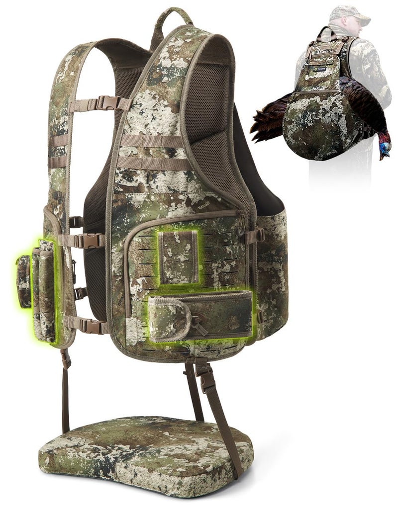 TIDEWE Turkey Vest with Seat, MOLLE System Tactical Hunting Vest with 4 Modular Add-Ons, Turkey Hunting Vest for Men & Women, Truetimber Strata - Image 1