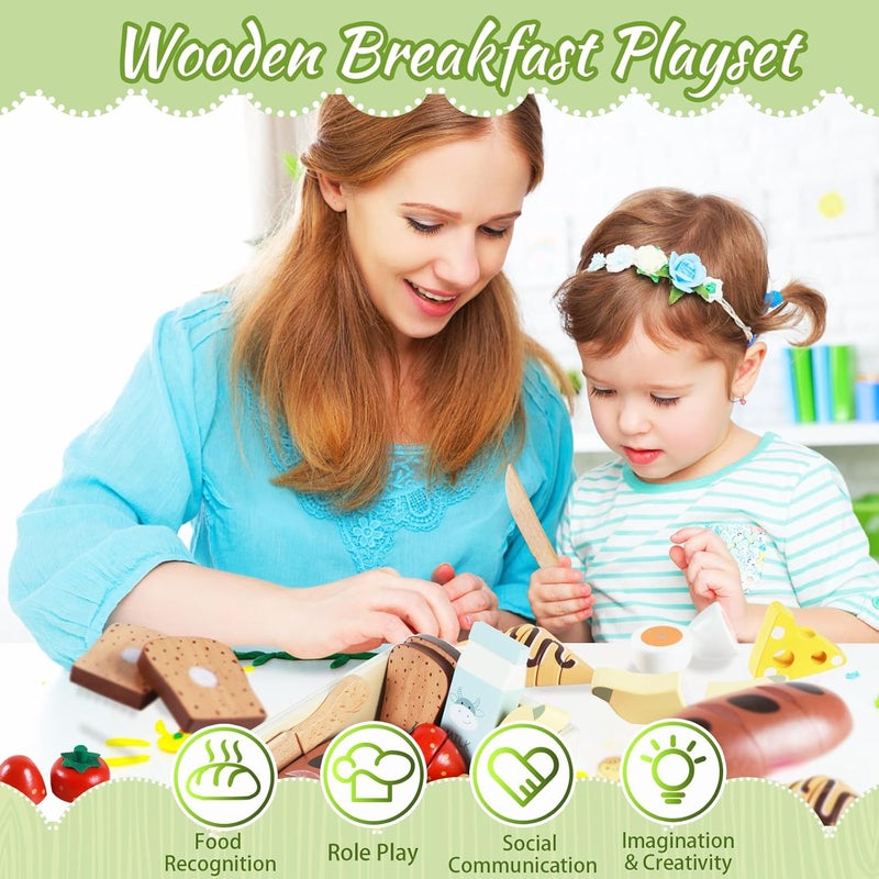 Smartwo Children's Kitchen Accessories Wood, Play Kitchen Food for Cutting, Wooden Toy Breakfast Set, Kitchen Accessories for Children Role Play, Gift for Girls Boys from 3 Years - Image 5