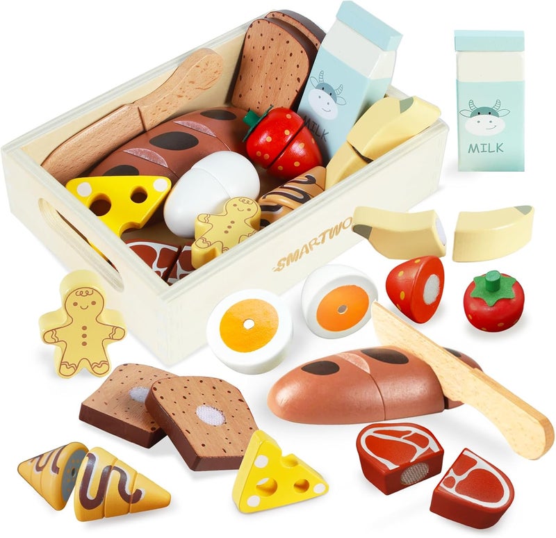 Smartwo Children's Kitchen Accessories Wood, Play Kitchen Food for Cutting, Wooden Toy Breakfast Set, Kitchen Accessories for Children Role Play, Gift for Girls Boys from 3 Years - Image 1