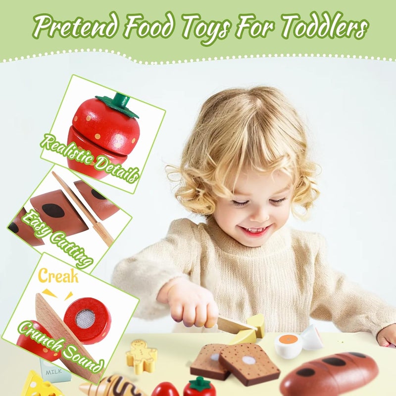 Smartwo Children's Kitchen Accessories Wood, Play Kitchen Food for Cutting, Wooden Toy Breakfast Set, Kitchen Accessories for Children Role Play, Gift for Girls Boys from 3 Years - Image 3