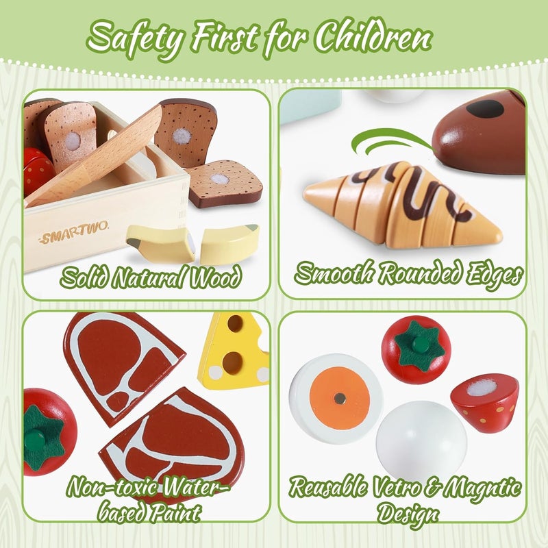 Smartwo Children's Kitchen Accessories Wood, Play Kitchen Food for Cutting, Wooden Toy Breakfast Set, Kitchen Accessories for Children Role Play, Gift for Girls Boys from 3 Years - Image 2