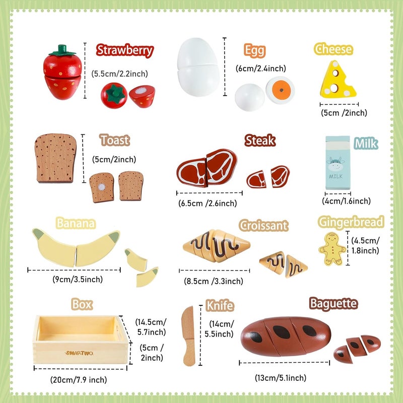 Smartwo Children's Kitchen Accessories Wood, Play Kitchen Food for Cutting, Wooden Toy Breakfast Set, Kitchen Accessories for Children Role Play, Gift for Girls Boys from 3 Years - Image 4