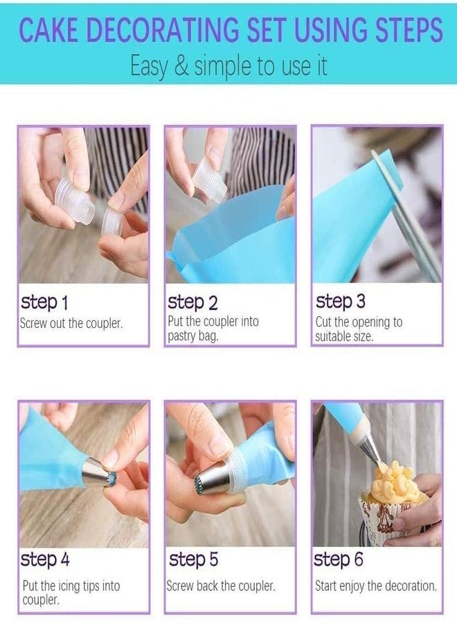 CAKE DECOR مجموعة فوهات تزيين الكيك - 6 رؤوس تزيين من الفولاذ المقاوم للصدأ - وصلة واحدة - كيس تزيين واحد - أدوات معجنات للكب كيك والكيك والبسكويت - مجموعة أدوات خبز منزلية - سهلة التنظيف - قابلة لإعادة الاستخدام - Image 2