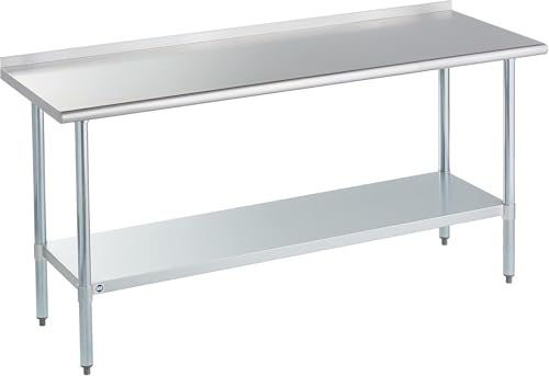 ROCKPOINT Stainless Steel Table for Prep  Work with Backsplash 24x72 Inches NSF Metal Commercial Kitchen Table with Adjustable Under Shelf and Table Foot for Restaurant Home and Hotel