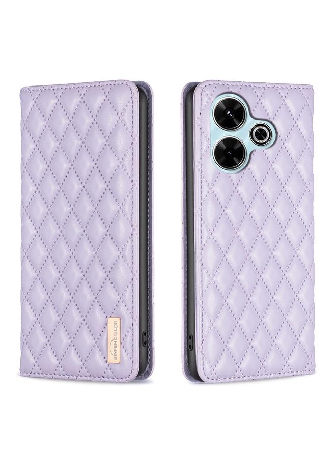 The Bros Case For Xiaomi Poco M6 4G / Redmi 13 4G Diamond Lattice Magnetic Leather Flip Phone Case