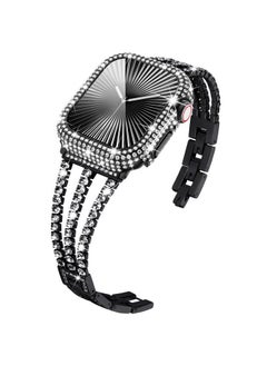 Compatible for Apple Watch Band with Case Series 9 8 7, Bling Sparkling Diamond Bracelet with Full Diamonds Protective Bumper Built-in Tempered Glass Screen Protector (45mm, Black)