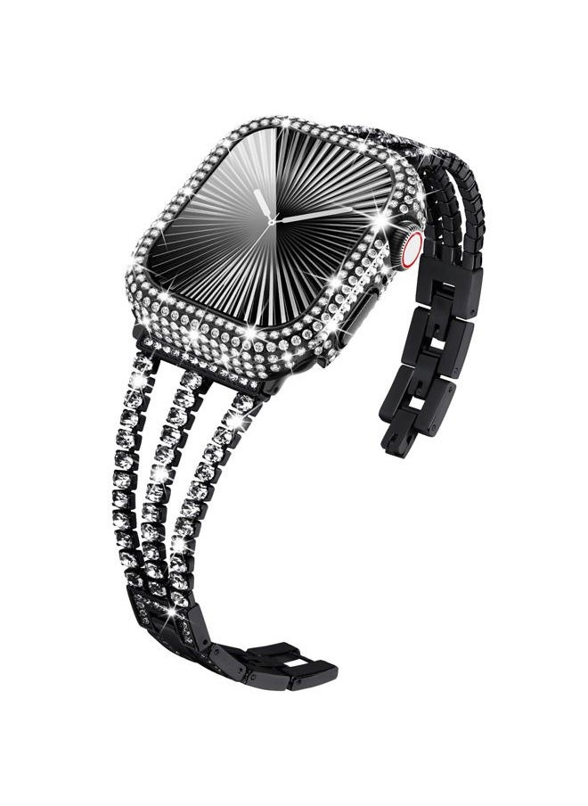 Kades - Compatible for Apple Watch Band with Case Series 9 8 7, Bling Sparkling Diamond Bracelet with Full Diamonds Protective Bumper Built-in Tempered Glass Screen Protector (45mm, Black) - Image 1