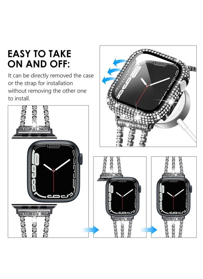 Kades - Compatible for Apple Watch Band with Case Series 9 8 7, Bling Sparkling Diamond Bracelet with Full Diamonds Protective Bumper Built-in Tempered Glass Screen Protector (45mm, Black) - Image 1