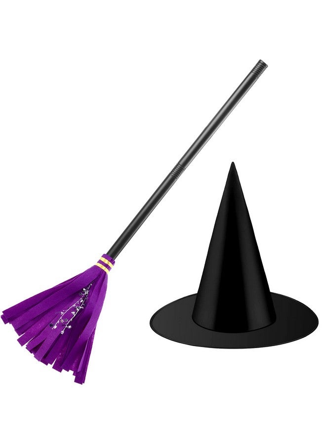 سكايليتي زي الساحرة، قبعة الساحرة السوداء، مكنسة المعالج، عصا المكنسة، مكنسة اللباد للأطفال، إكسسوارات ساحرة الهالوين - Image 1