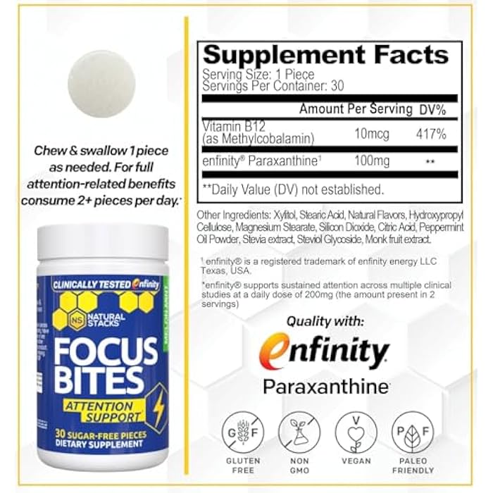Natural Stacks Paraxanthine Supplement 100mg - Caffeine Free Focus Supplement for Productivity & Attention Support - Clinically Tested Enfinity Paraxanthine - Jitter Free Energy Support - 30 Melon Mint Focus Bites - Image 2