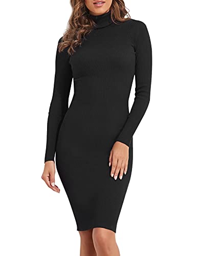 PrettyGuide Women Slim Fit Ribbed Turtleneck Long Maxi Knit Jumper Dress Black L - Image 2