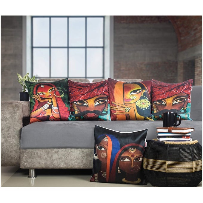 RAJASTHANI SATIN 250TC CUSHION PILLOW COVERS MULTICOLOUR SET OF 5 16X16 INCHES RAJASTHANI TURBAN