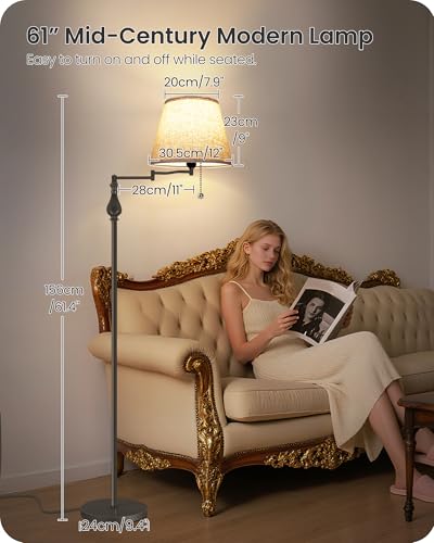 GOEBLESON Vintage Floor Lamp with 350°Adjustable Swing Arm, 61” Mid-Century Modern Floor Lamp, Standing Pole Lamp with Pull Chain Switch, Antique Reading Lamp for Living Room, Bedroom, Office, Brown CE13LD05 - Image 2