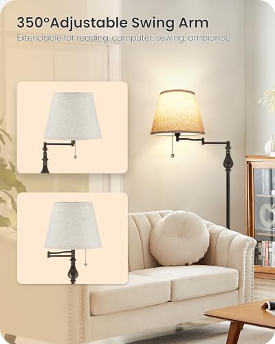 GOEBLESON Vintage Floor Lamp with 350°Adjustable Swing Arm, 61” Mid-Century Modern Floor Lamp, Standing Pole Lamp with Pull Chain Switch, Antique Reading Lamp for Living Room, Bedroom, Office, Brown CE13LD05 - Image 3