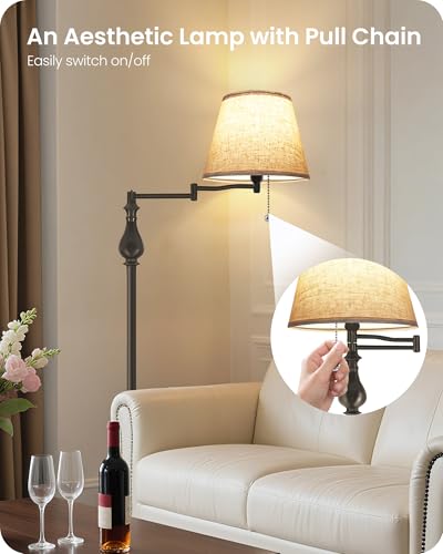 GOEBLESON Vintage Floor Lamp with 350°Adjustable Swing Arm, 61” Mid-Century Modern Floor Lamp, Standing Pole Lamp with Pull Chain Switch, Antique Reading Lamp for Living Room, Bedroom, Office, Brown CE13LD05 - Image 4