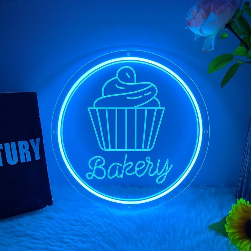 Horoof Home Bakery Neon LED Wall Light - 30x30 cm Round Acrylic with Blue Cupcake Design - Image 1