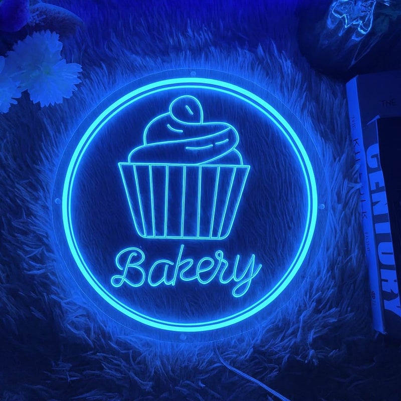 Horoof Home Bakery Neon LED Wall Light - 30x30 cm Round Acrylic with Blue Cupcake Design - Image 3