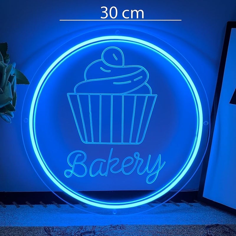 Horoof Home Bakery Neon LED Wall Light - 30x30 cm Round Acrylic with Blue Cupcake Design - Image 2
