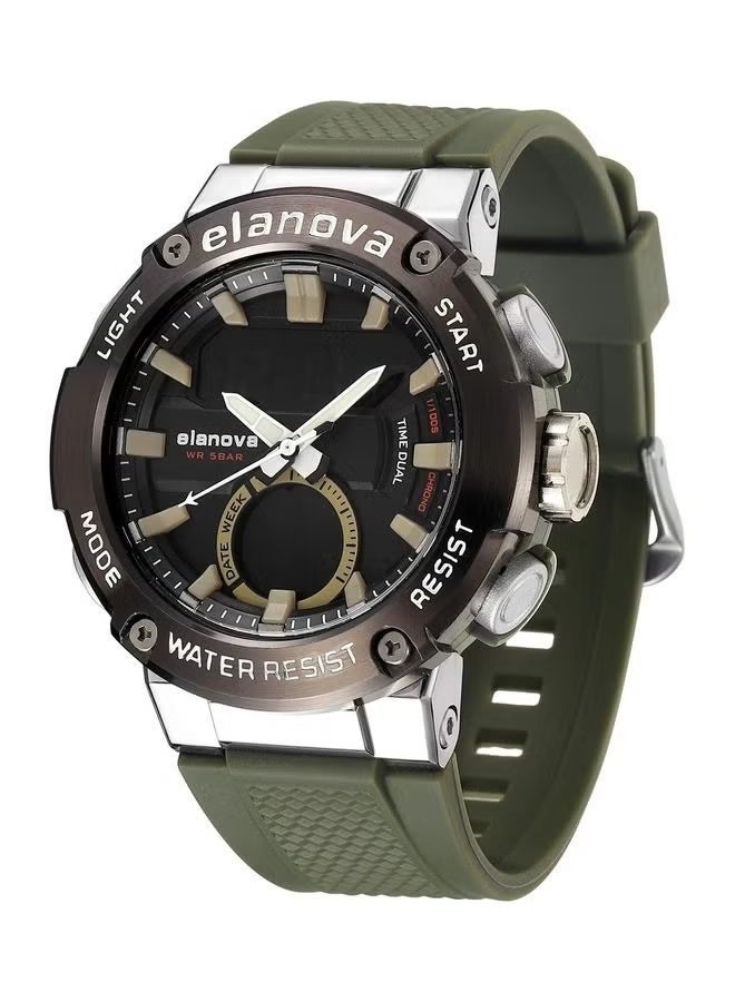 إيلانوفا ساعة يد رقمية وتناظرية بتصميم رياضي، مقاومة للماء حتى 5 بار، مزودة بتوقيت مزدوج وحزام سيليكون متين، طراز EL71 - Image 3