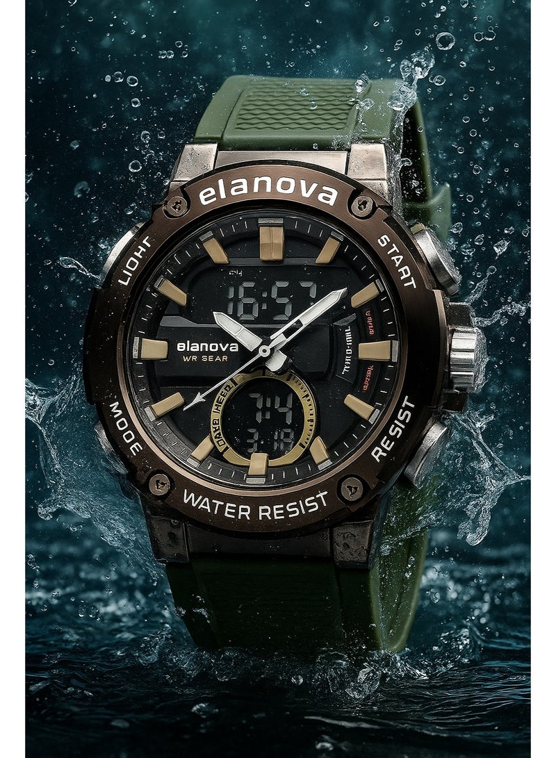 إيلانوفا ساعة يد رقمية وتناظرية بتصميم رياضي، مقاومة للماء حتى 5 بار، مزودة بتوقيت مزدوج وحزام سيليكون متين، طراز EL71 - Image 2