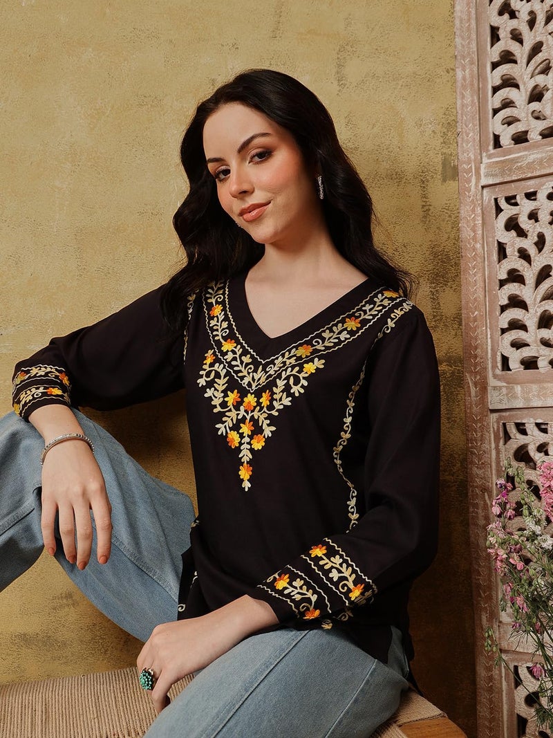 QAZMI Women's Amina Kashmiri Embroidered V-Neck Short Kurti_XL Black - Image 2