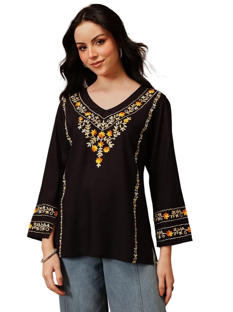 QAZMI Women's Amina Kashmiri Embroidered V-Neck Short Kurti_XL Black - Image 1