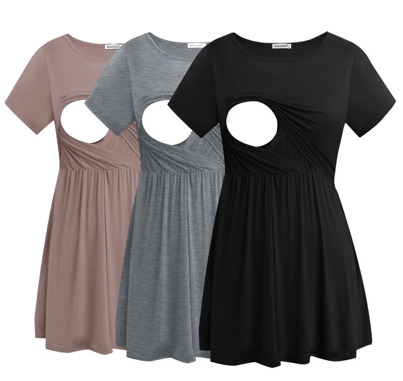 Smallshow Womens Maternity Nursing Tops 3 Pack Short Sleeve Breastfeeding ShirtBlackBrownLight GreyXL