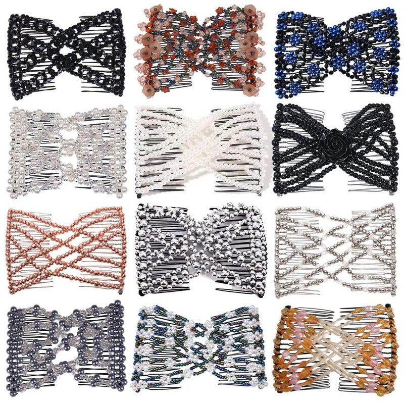 Ruihfas 12 PCS Magic Hair Side Combs Beaded Stretch Double Hair Side Combs Clips Bun Maker Hair Pins Hair Accessories for Women Curly Thick Wavy Hair Ponytail Random Styles and Colors