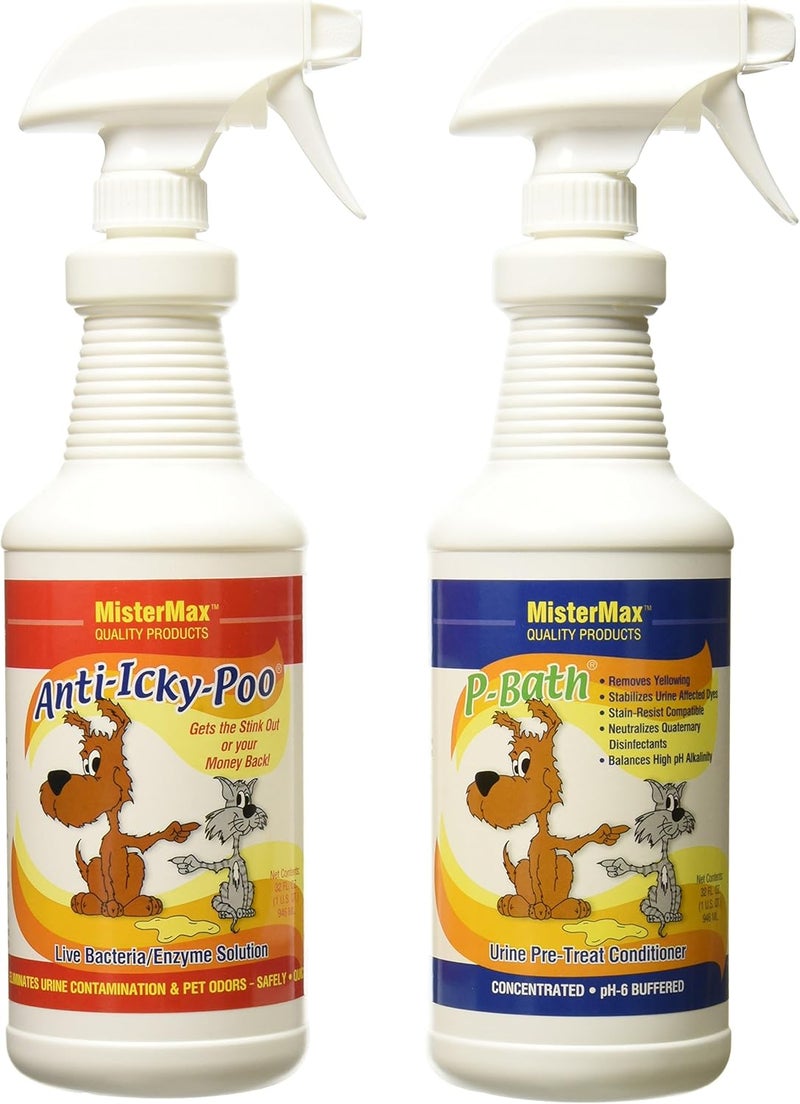 Mister Max Anti Icky Poo Enzyme Cleaner Spray Combo - Pet Urine Odor Remover & P-Bath Urine Pre-Treat Conditioner