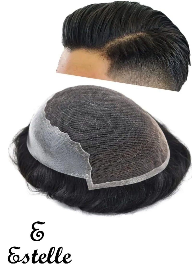 Estelle Men Natural Hair Toupee, Human Hair Q6 Swiss Lace Base PU Around Man Hair Replacement System, For Thin Or Hairloss  - Image 1