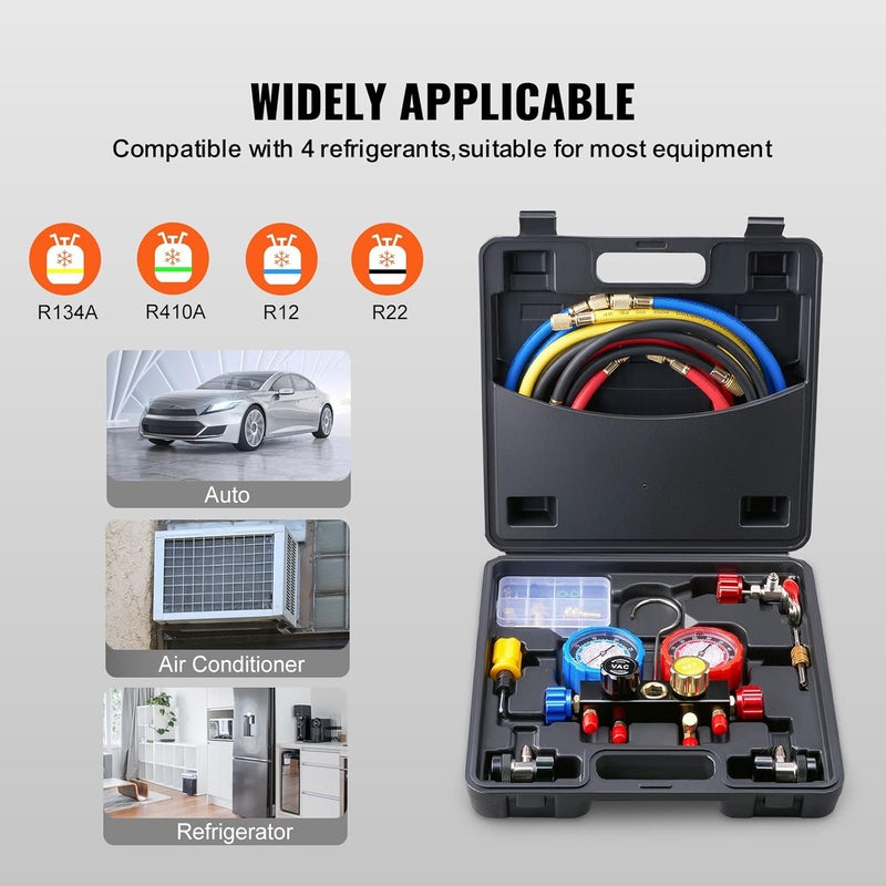 VEVOR 4 Way AC Gauge - AC Manifold Gauge Set for R134A R22 R12 R410A Refrigerant, Freon Gauges with 5ft Hoses, Couplers, Can Tap Works on Car Auto Freon Charging and Evacuation - Image 3