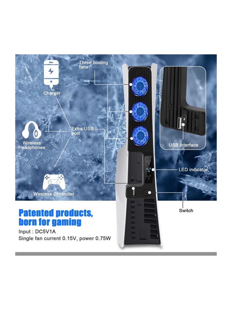 XICEN PS5 Slim Cooling Fan, New Playstation 5 Slim Console Accessories Cooler with USB Port and 3 Adjustable Quiet 9500-Speed Fans, Cool LED Light for PS5 Slim Digital/Disc Edition System