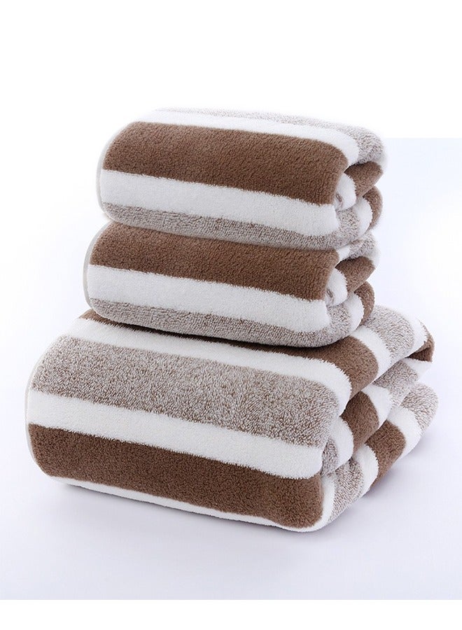 3pcs Soft Absorbent Wide Stripe Bath Towel, Non-Shedding Thickened Towel, Shower Towel Suitable For Bathroom, 1*70x140cm Bath Towel, 2*35x75cm Face Towel- Brown - Image 1