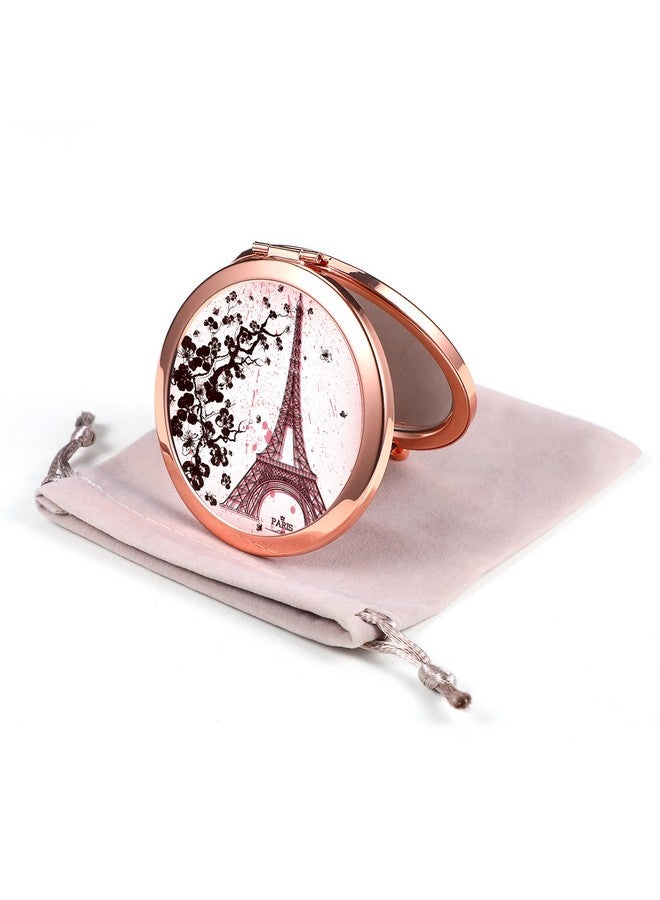 داينيبي مرآة مكياج صغيرة الحجم من Dynippy باللون الذهبي الوردي، مرآة جيب صغيرة قابلة للطي، مرآة يد محمولة ذات وجهين، تكبير 2 × 1 × للنساء والفتيات (برج إيفل) - Image 1