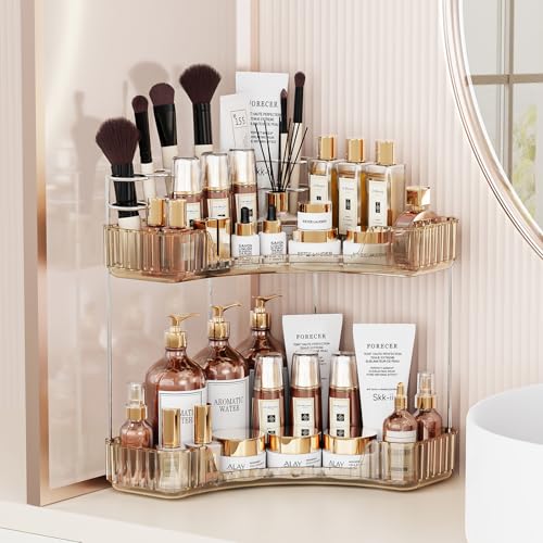 Asayuee 2Tier Corner Bathroom Counter Organizer with Top Toothbrush HoldersLarge Makeup Organizer Countertop with Brush HolderSkincare Organizers CornerExquisite Vanity Organizer Gold 2 Tier - Image 1