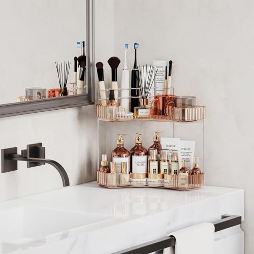 Asayuee 2Tier Corner Bathroom Counter Organizer with Top Toothbrush HoldersLarge Makeup Organizer Countertop with Brush HolderSkincare Organizers CornerExquisite Vanity Organizer Gold 2 Tier - Image 3