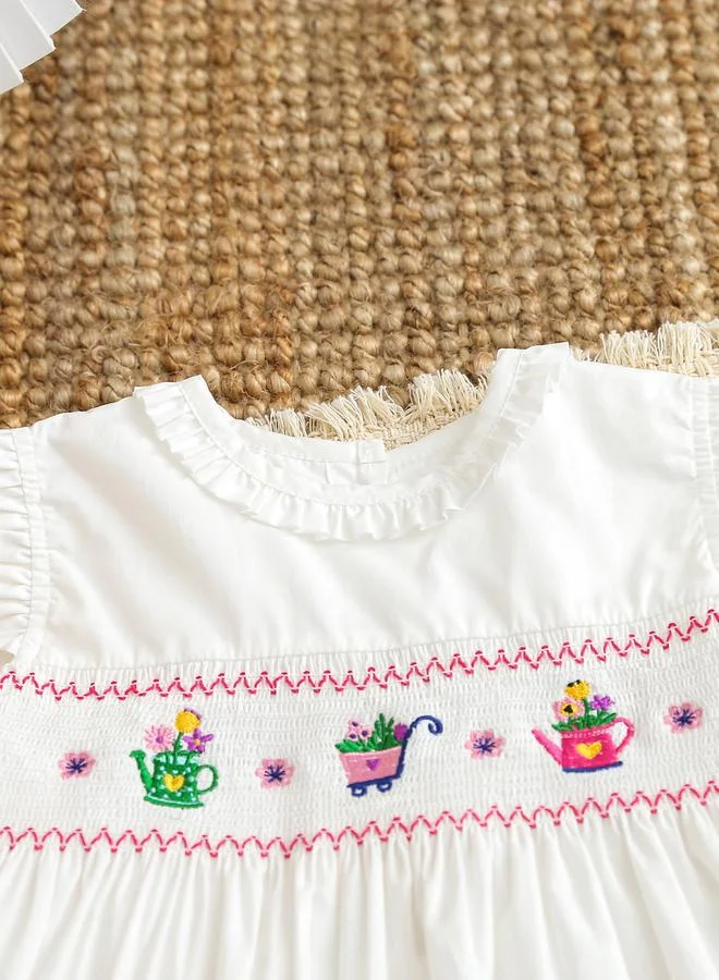Take Two Girls Off-White Embroidered Smocked Dress