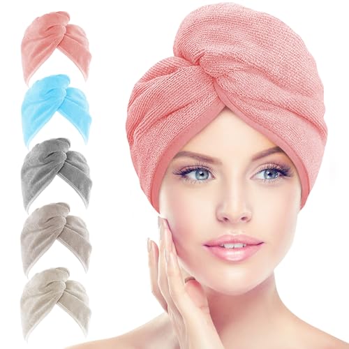 AIDEA Microfiber Hair Towel Wrap 5 Pack Hair Turbans Super Absorbent Quick Dry Hair Towel Wrap for All Hair Types Anti Frizz Multicolor 2610