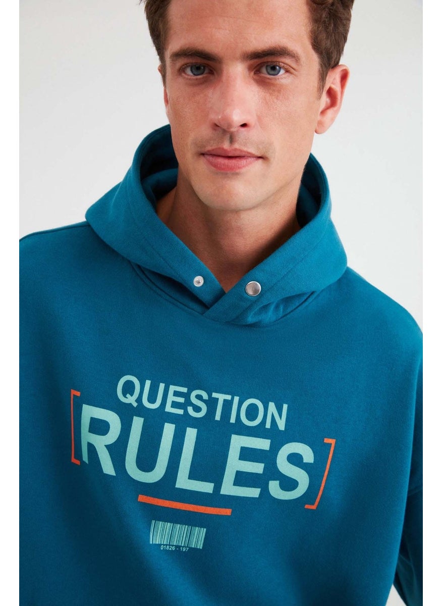 Mood Men's Polar Fleece Text Printed Hooded Sweatshirt in Petrol Green with Snap Buttons on the Collar - pzsku/Z646A5FA2F7E902CEA34BZ/45/_/1741213073/78f6e8e5-6e23-4b5a-82fc-d49270710af7