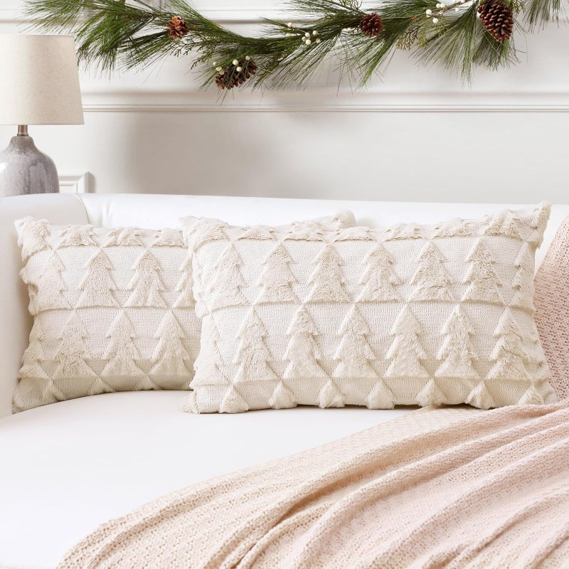 Otostar OTOSTAR Set of 2 Soft Plush Short Wool Velvet Decorative Throw Pillow Covers Square Luxury Style Cushion Case Pillow Shell for Sofa Bedroom Christmas Tree Cream Beige  16x24 Inch  - Image 1