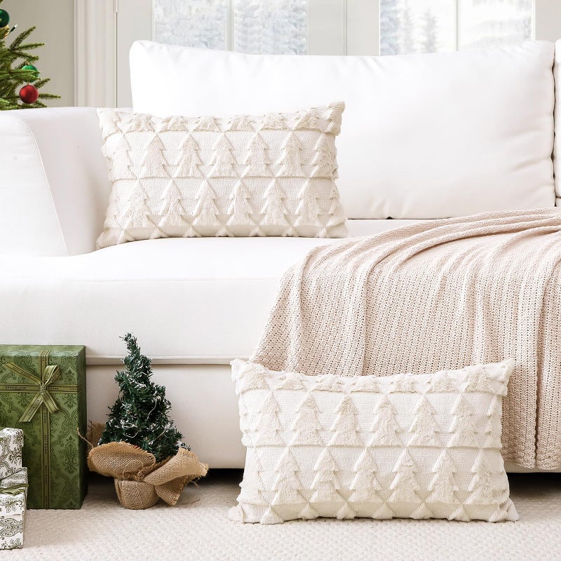 Otostar OTOSTAR Set of 2 Soft Plush Short Wool Velvet Decorative Throw Pillow Covers Square Luxury Style Cushion Case Pillow Shell for Sofa Bedroom Christmas Tree Cream Beige  16x24 Inch  - Image 5