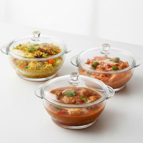Ash  Roh Ash & Roh Glass Casserole Classic Deep Round Oven and Microwave Safe Serving Bowl with Glass Lid, Clear, 1 litre (3 PACK) - Image 1