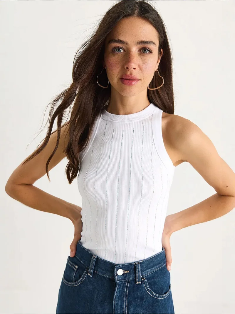 Bianco Lucci LUCCI Striped Ribbed Crew Neck Crop Top