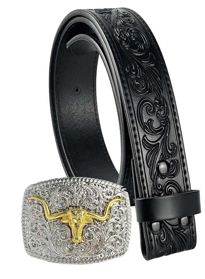 TOPACC Cowboy Belts for Men Women Cowgirl Black Genuine Leather Belt Gold Longhorn Buckle Western Belt for Jeans Pants Dresses Rodeo Outfi - Image 1